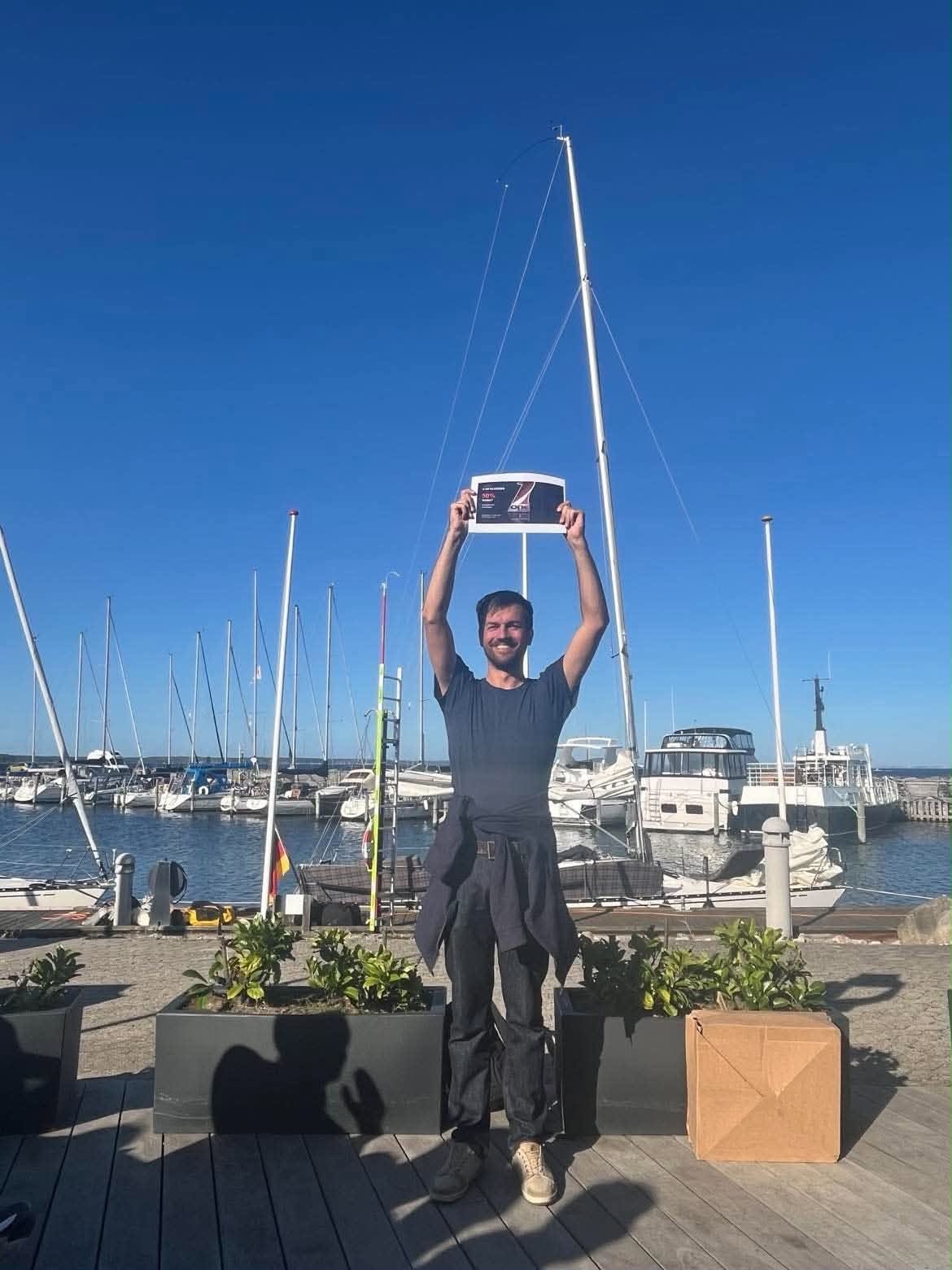 Keine Ahnung, aber Robert hält hier etwas hoch, das wie ein Bezugsschein von OneSails aussieht. Foto: Kattaja
